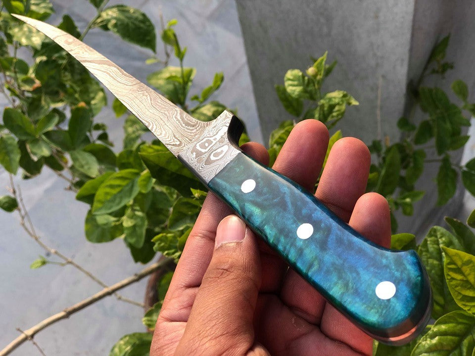 "Damascus Steel Handmade Fillet Boning Knife with Epoxy Resin Handle, 12-Inch Overall Length
