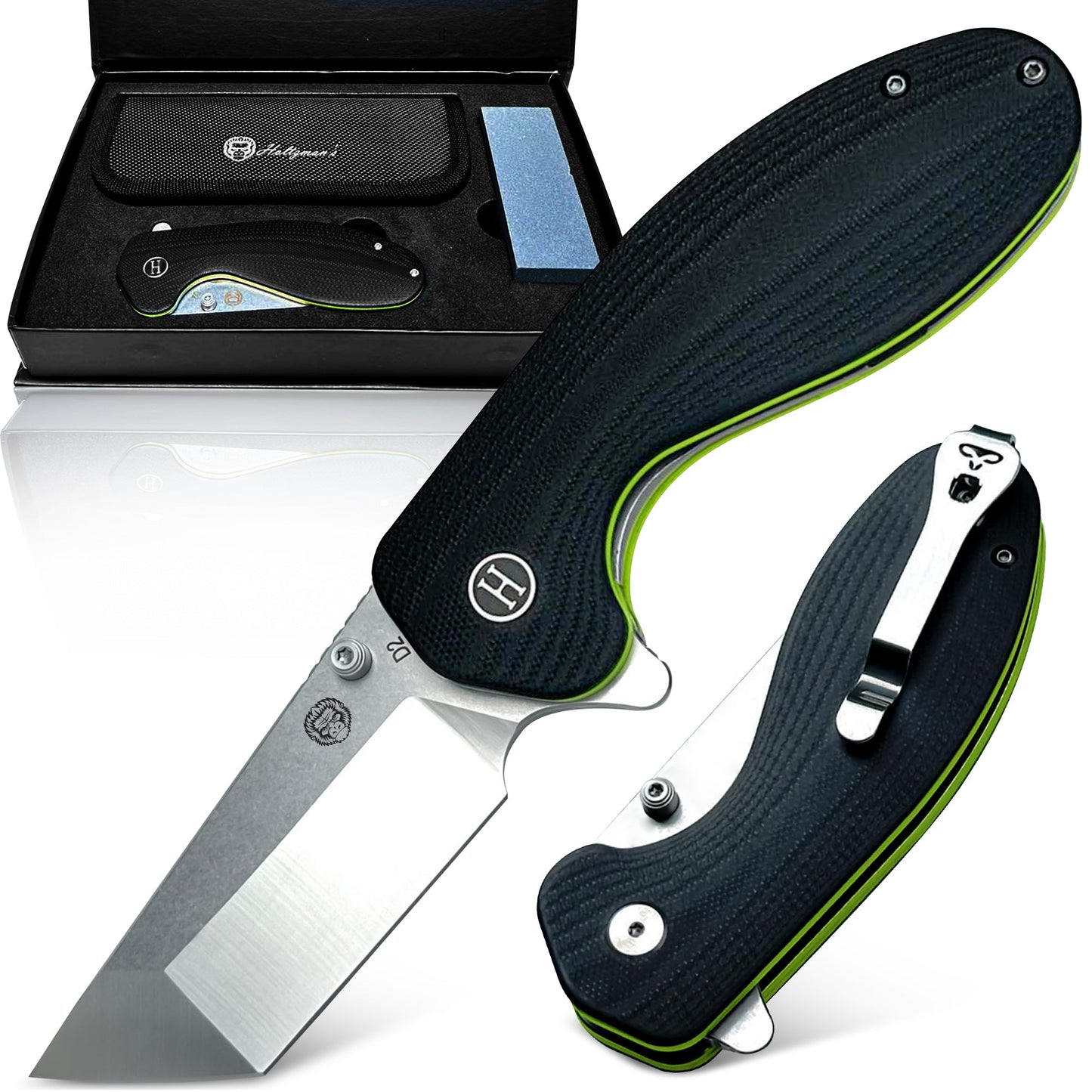 The Clip Point, Straight Back, Pioneer Folding Pocket Knife Giftset Combo (Silver and Green)