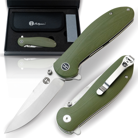 The Straight Back Folding Pocket Knife Giftset for Men and Women (Silver and Green)