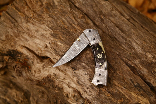 Best Custom Handmade Damascus Steel EDC Folding Pocket Knife | 3-Inch Blade, Sheep Horn Handle, Leather Case | Ideal Gift for Any Occasion by KBS Knives