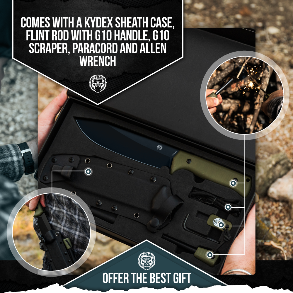 The Congo D2 Steel Bushcraft Survival Knife Gift Set (Black Blade + Green Handle)