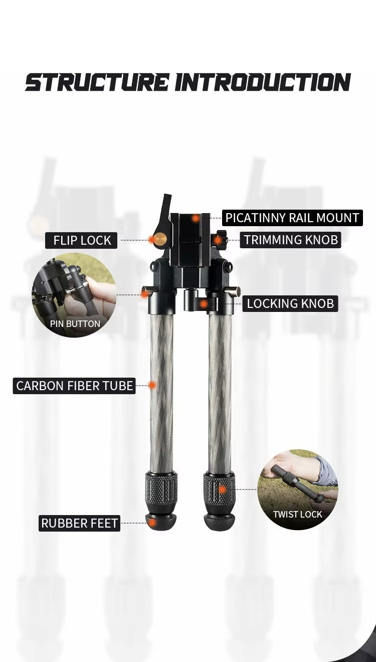 Linkogear HB-C01L Carbon Fiber Tac Bipod – QD Picatinny – Rubber & Spike Feet