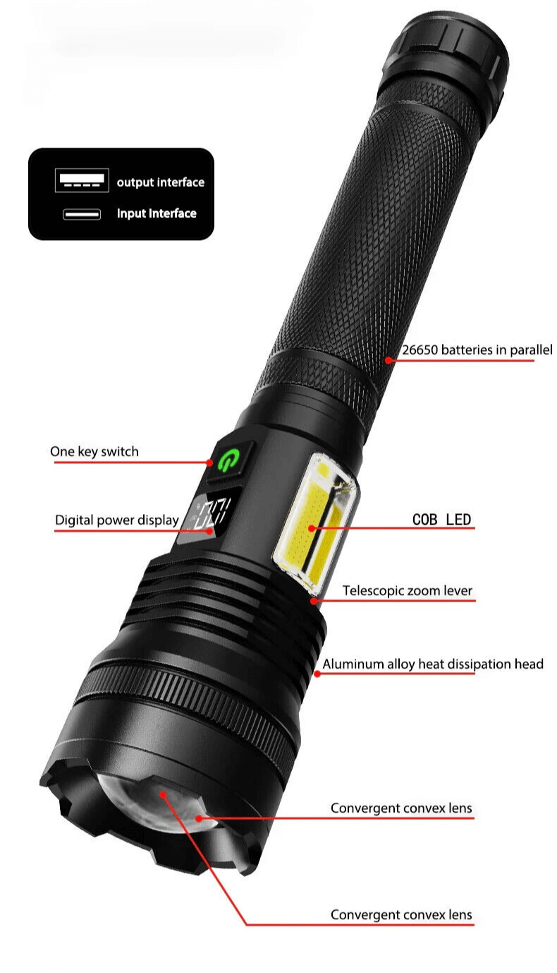 Muctac Charge Flashlight, 5000+ LMS, Zoomable, LED, USB, IP65, Aluminum Alloy