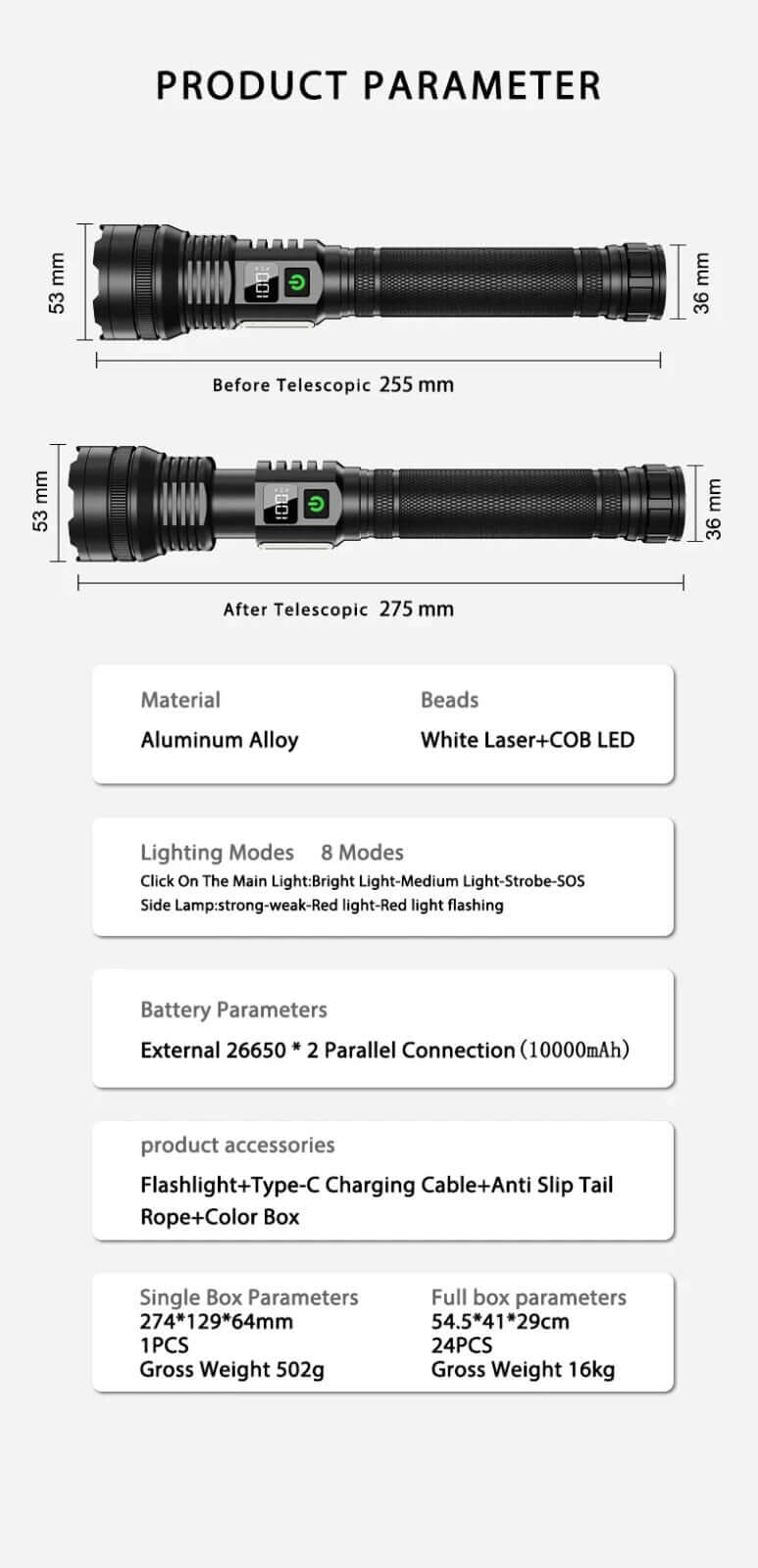 Muctac Charge Flashlight, 5000+ LMS, Zoomable, LED, USB, IP65, Aluminum Alloy