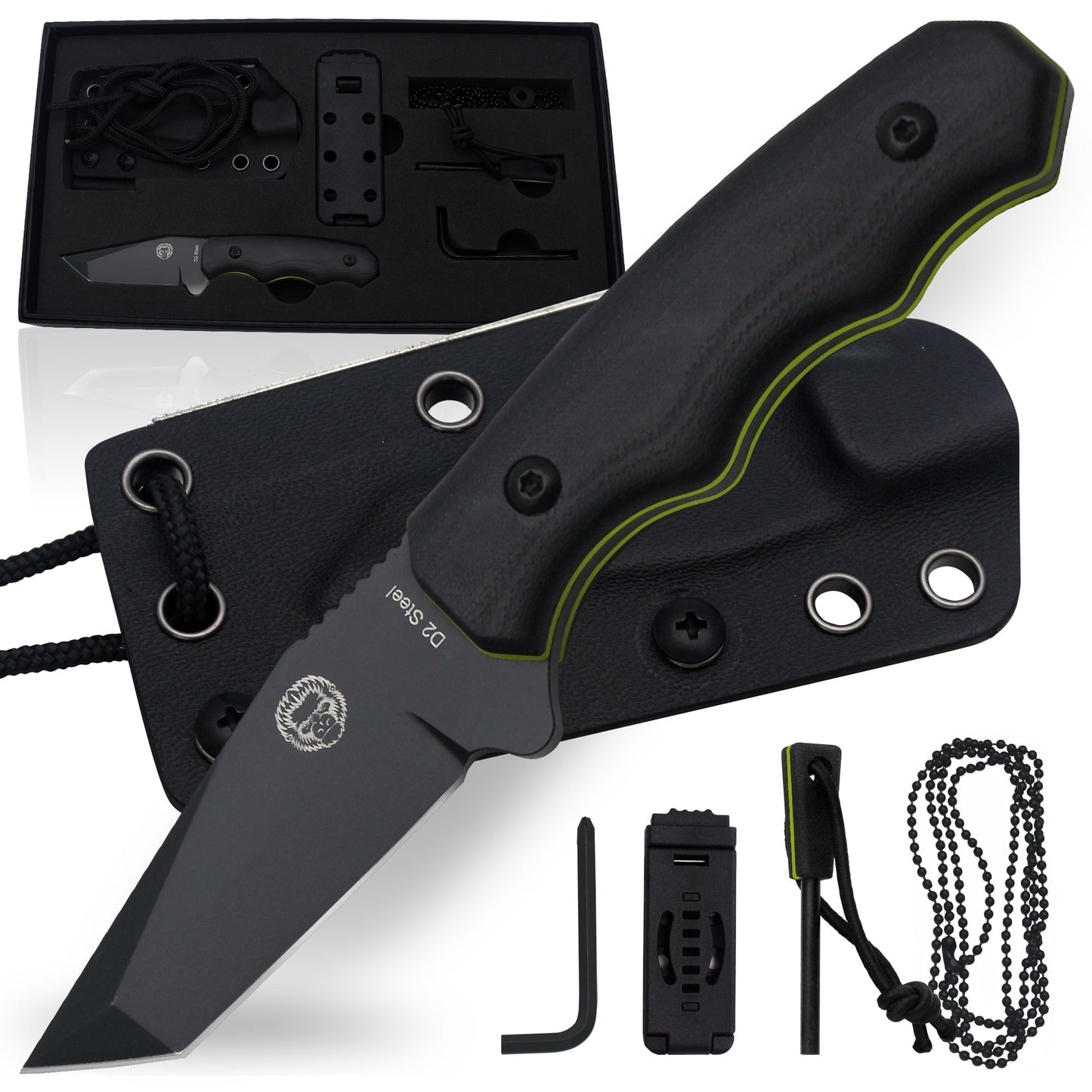 The Wakizashi Survival Neck Knife Giftset for Outdoors (Black Blade + Green Liner)
