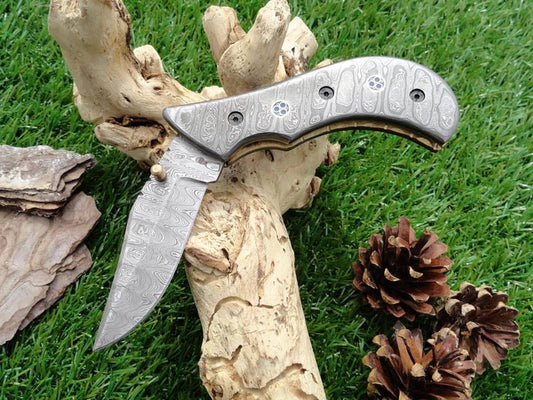 Everyday Carry Custom Handcrafted Damascus Steel Folding Pocket Knife with Damascus Steel Scales Handle – The Valiant