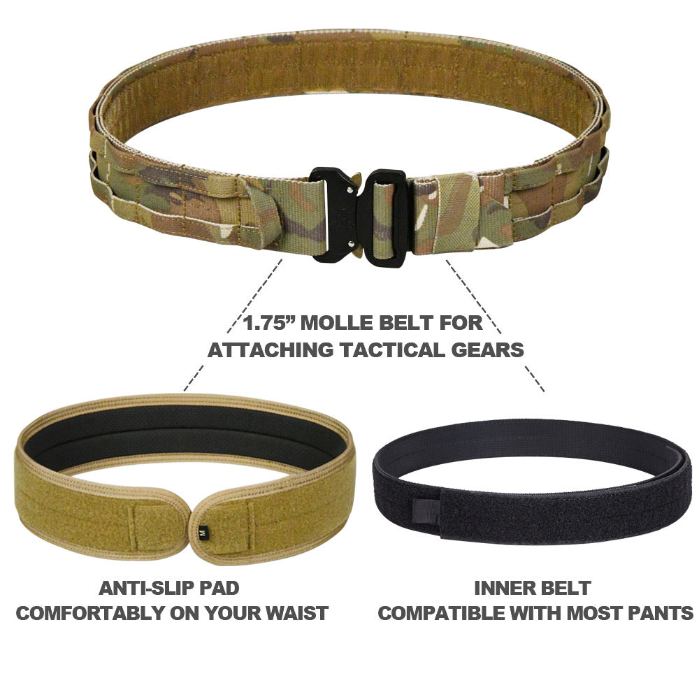 MUCTAC Tactical Belt Multicam MOLLE 1.75" w/ 2 Inner Belts, Anti-Slip