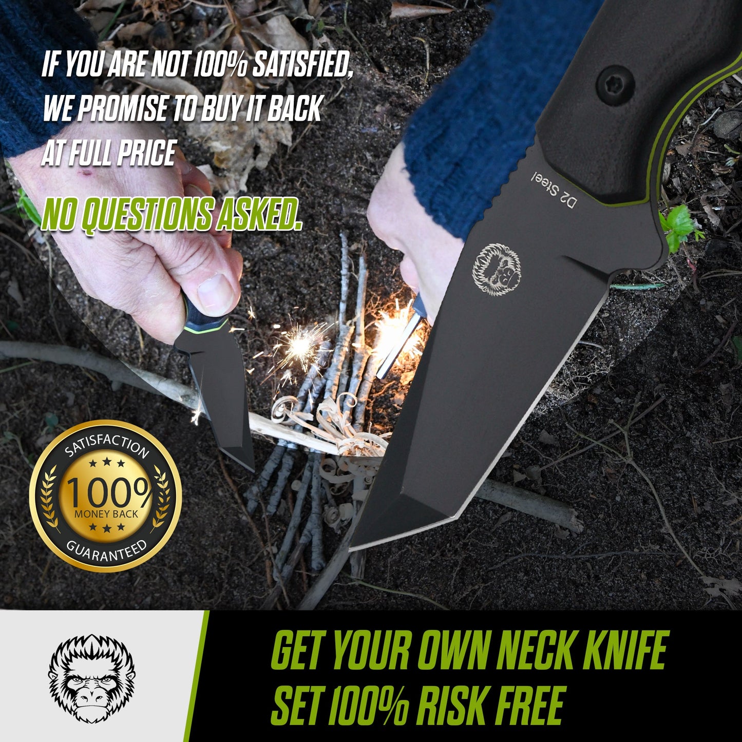 The Wakizashi Survival Neck Knife Giftset for Outdoors (Black Blade + Green Liner)