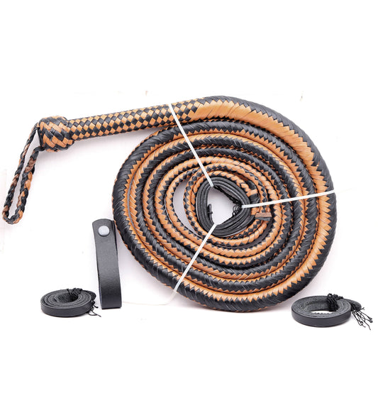 Cattle Whip – Tan & Deep Black Leather Bull Whip by KBS Knives Store (4ft–16ft)